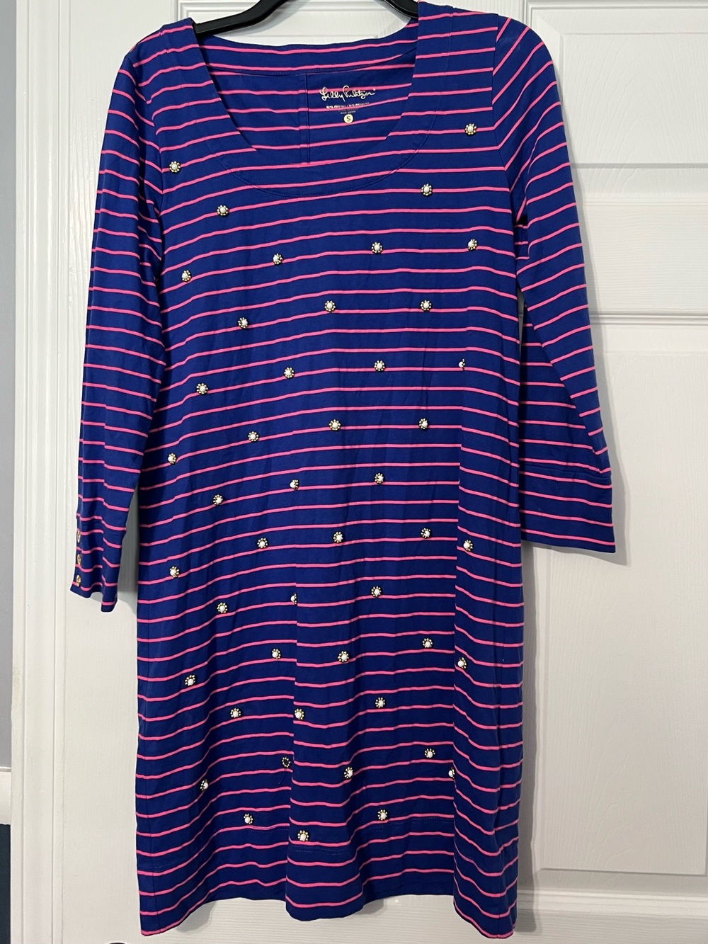 Lilly Pulitzer Navy and Pink Striped Daisy-Embellished Knit Dress
